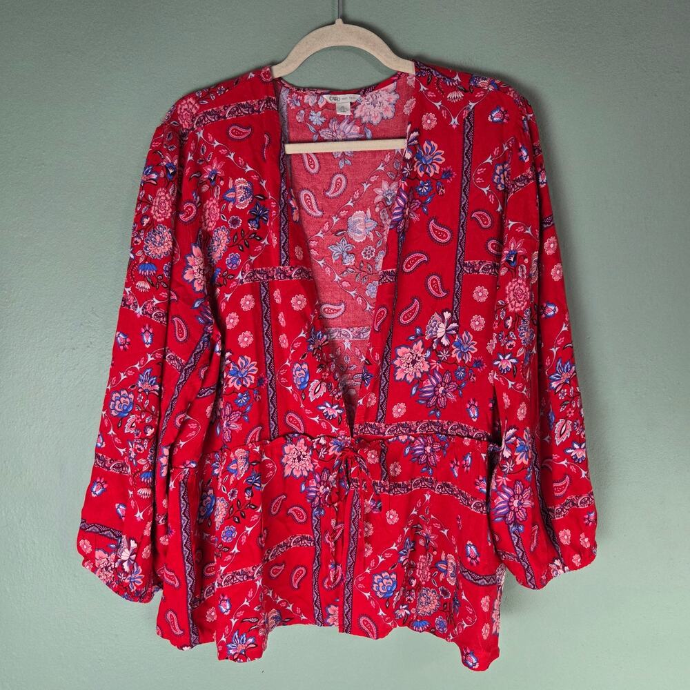 Cato Womens Red Blue Floral Paisley Print Tie Front Kimono Top Size XL